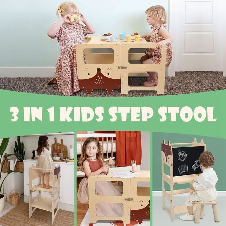 Customize 3 In 1 Kids Step Stool Foldable Kitchen Stool Helper Learning Wooden Animal Tower With Chalkboard