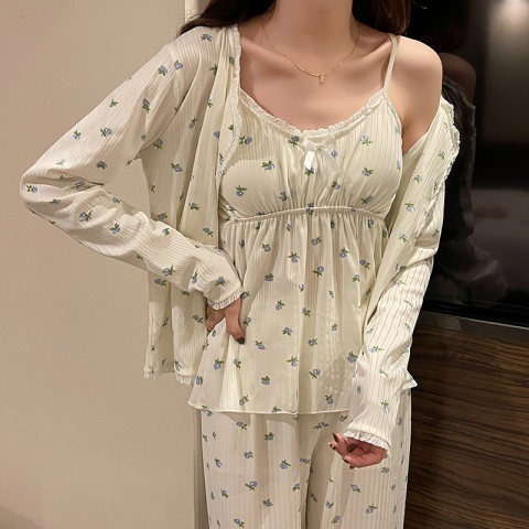 cute printed pajamas set girls nightgown 3 ini 1 piyama strap long-sleeve spring short Women's Sleepwear night suits for women