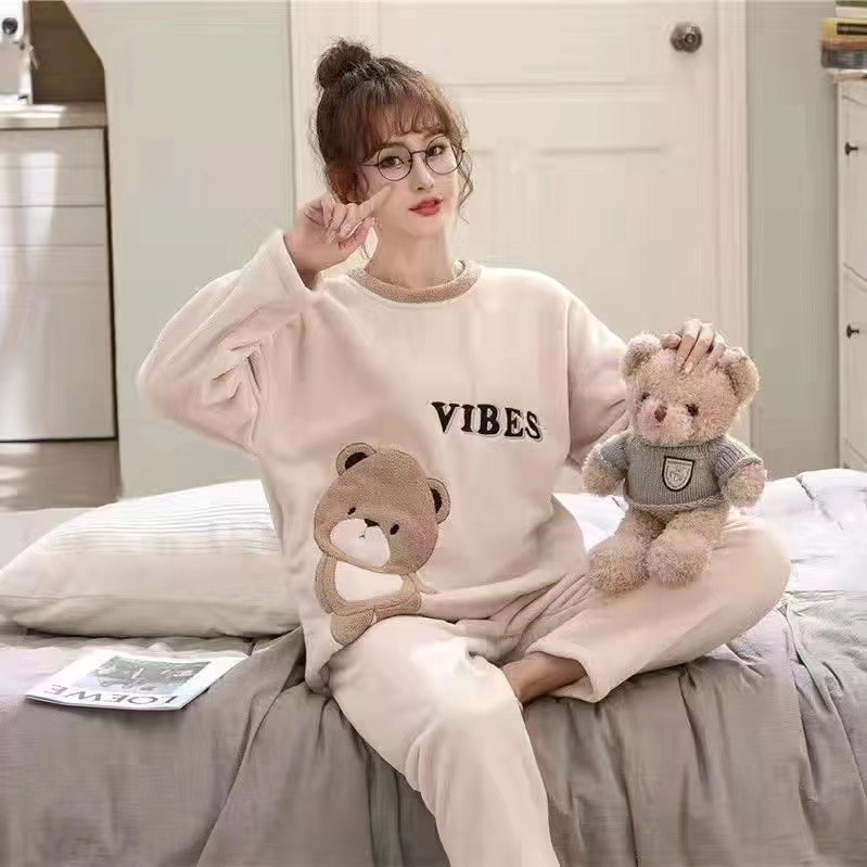 2023 pajamas winter set piyama wanita coral fleece cute warm women printed nightgown pijamas mujer Women's Sleepwear