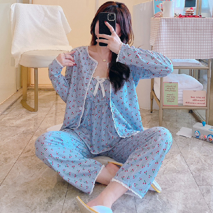 cute printed pajamas set girls nightgown 3 ini 1 piyama strap long-sleeve spring short Women's Sleepwear night suits for women