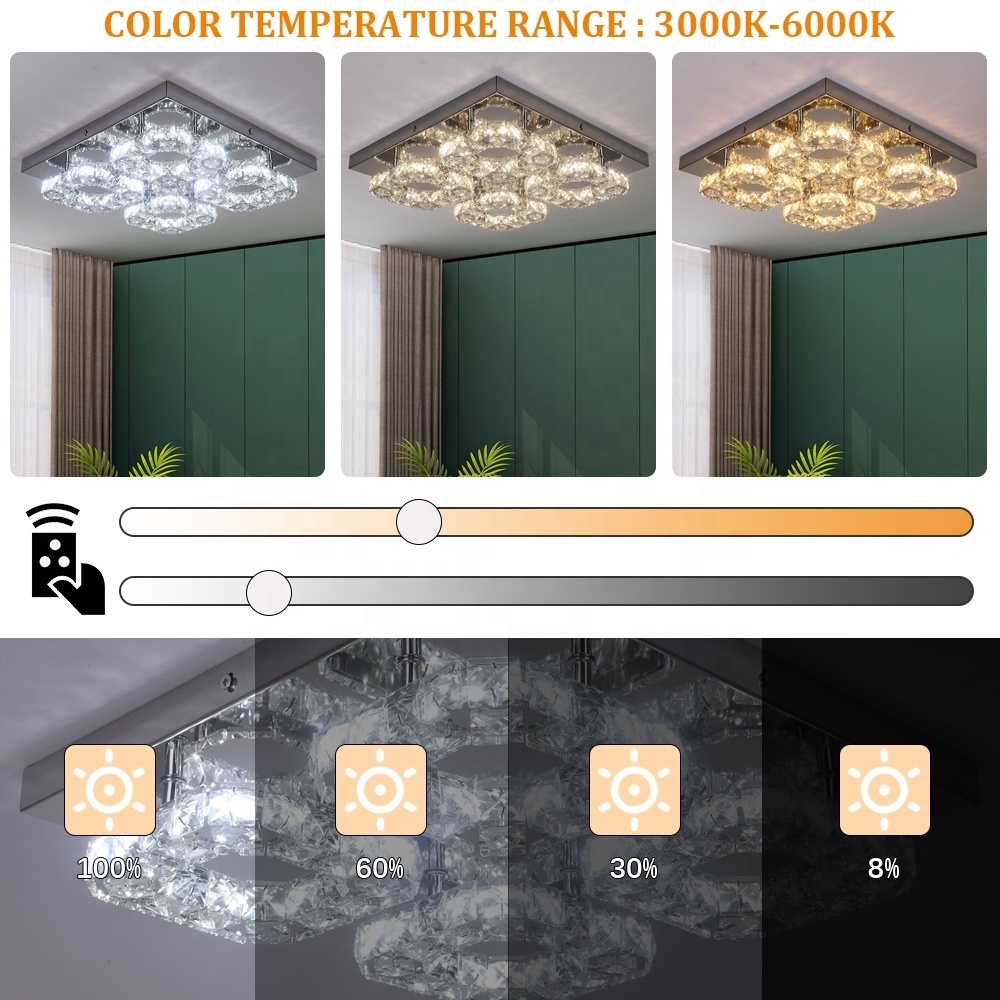 28W Remote Control 3 Colors Chrome Crystal LED Living Room Ceiling Light Fixture For Home Apartment Loft