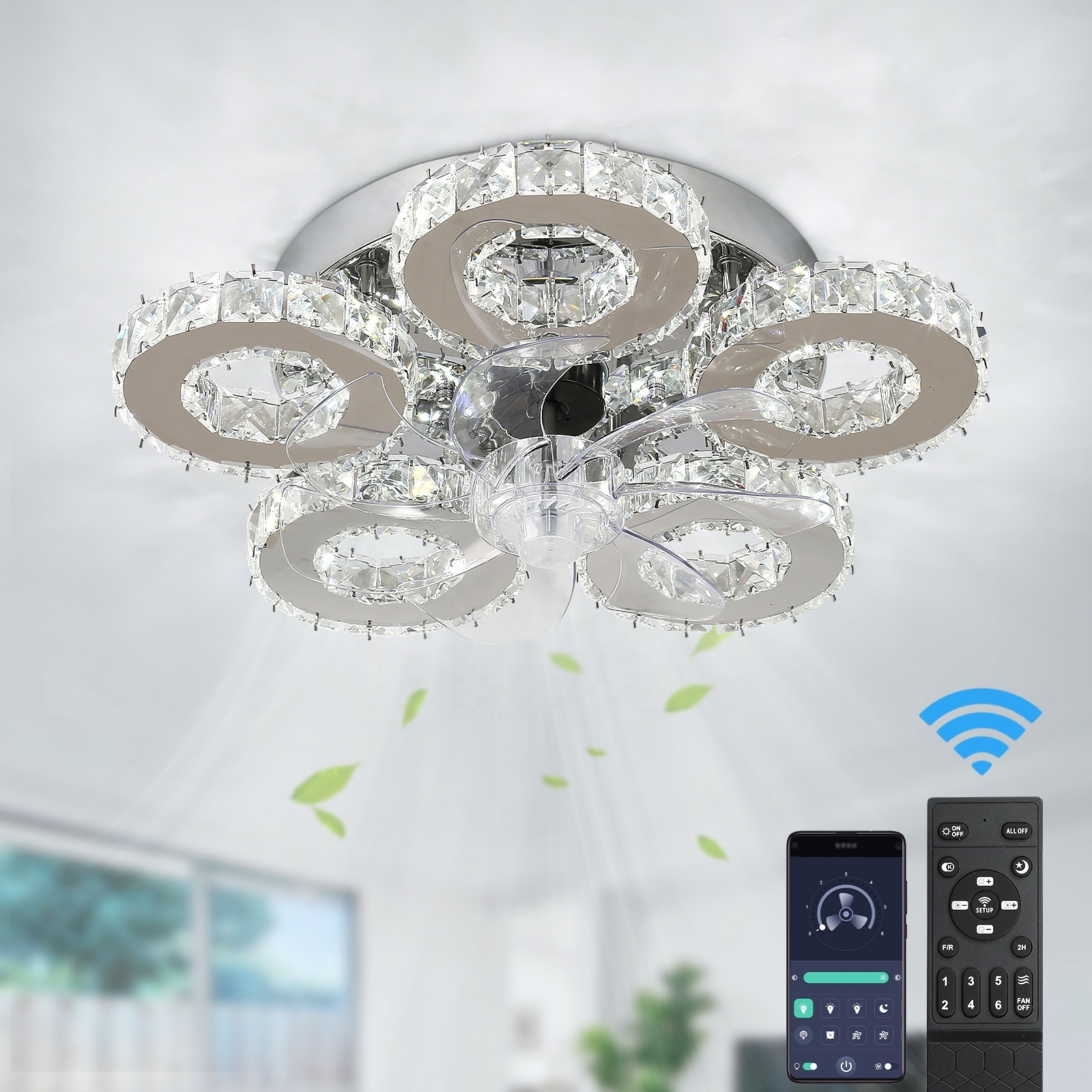 Project Loft Dimming Lamp Crystal DC Ceiling Fan With Led Lights Chandelier For Bedroom