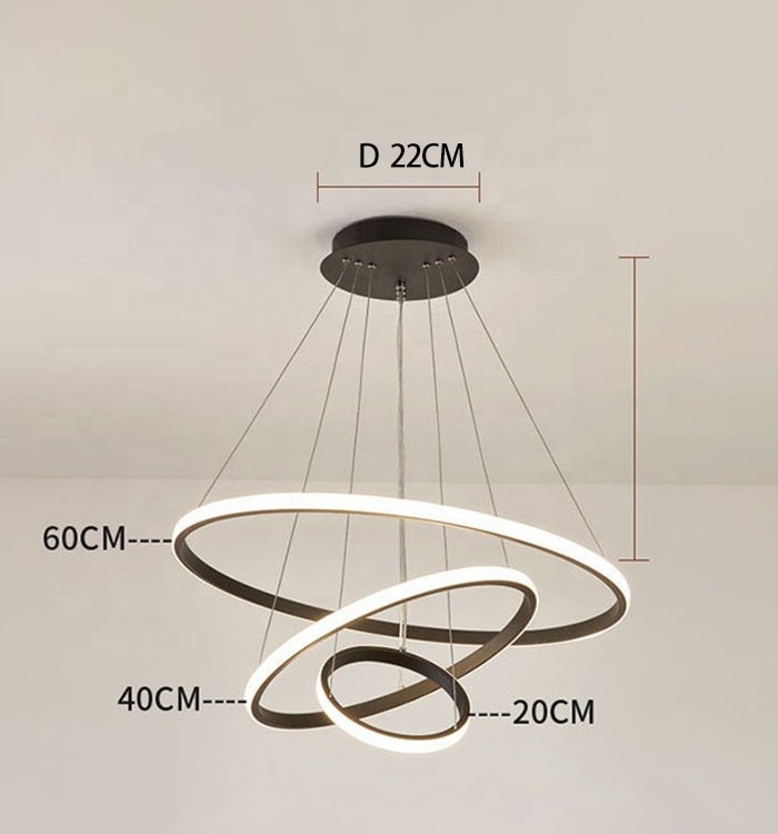 Modern  44W 3 Rings Aluminum Acrylic Led Black Ceiling Pendant Light For Home