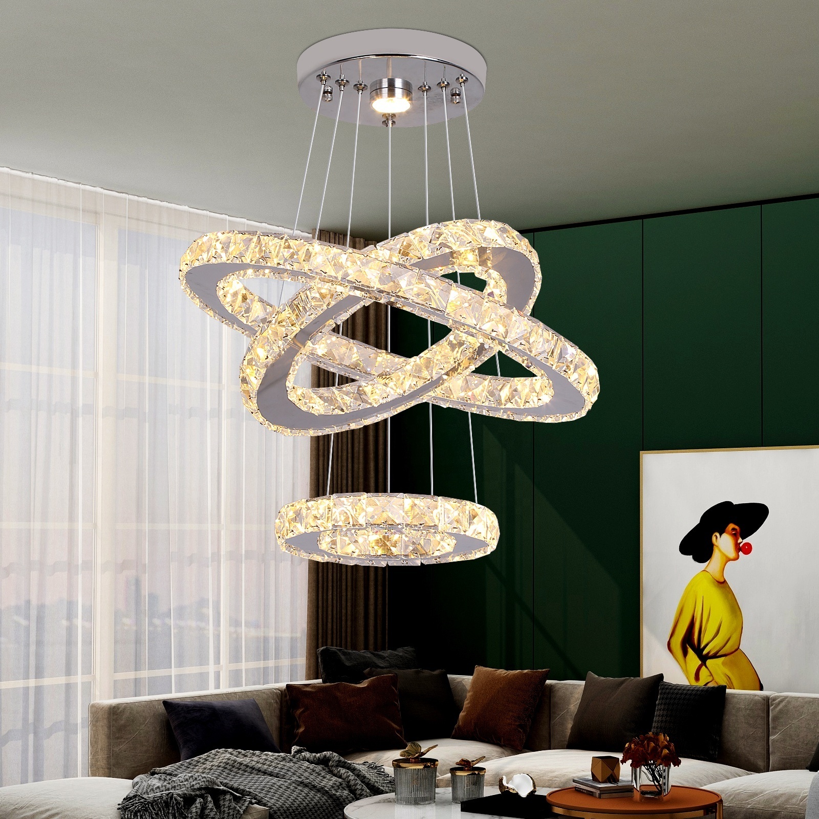 3 Ring Shape Modern Clear K9 Crystal Chandeliers Ceiling Luxury Pendant Light Fixture