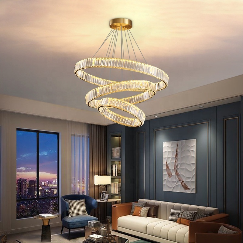 Modern Crystal Chandelier Ceiling Light Fixture LED  Adjustable Copper 3 Rings Chandeliers Lights