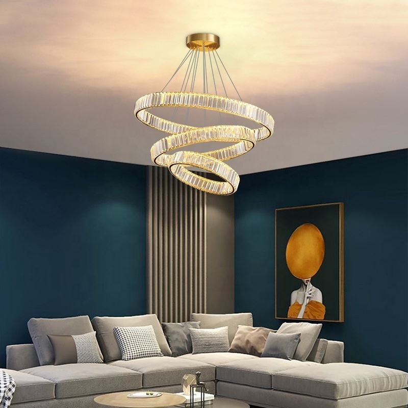 Modern Crystal Chandelier Ceiling Light Fixture LED  Adjustable Copper 3 Rings Chandeliers Lights