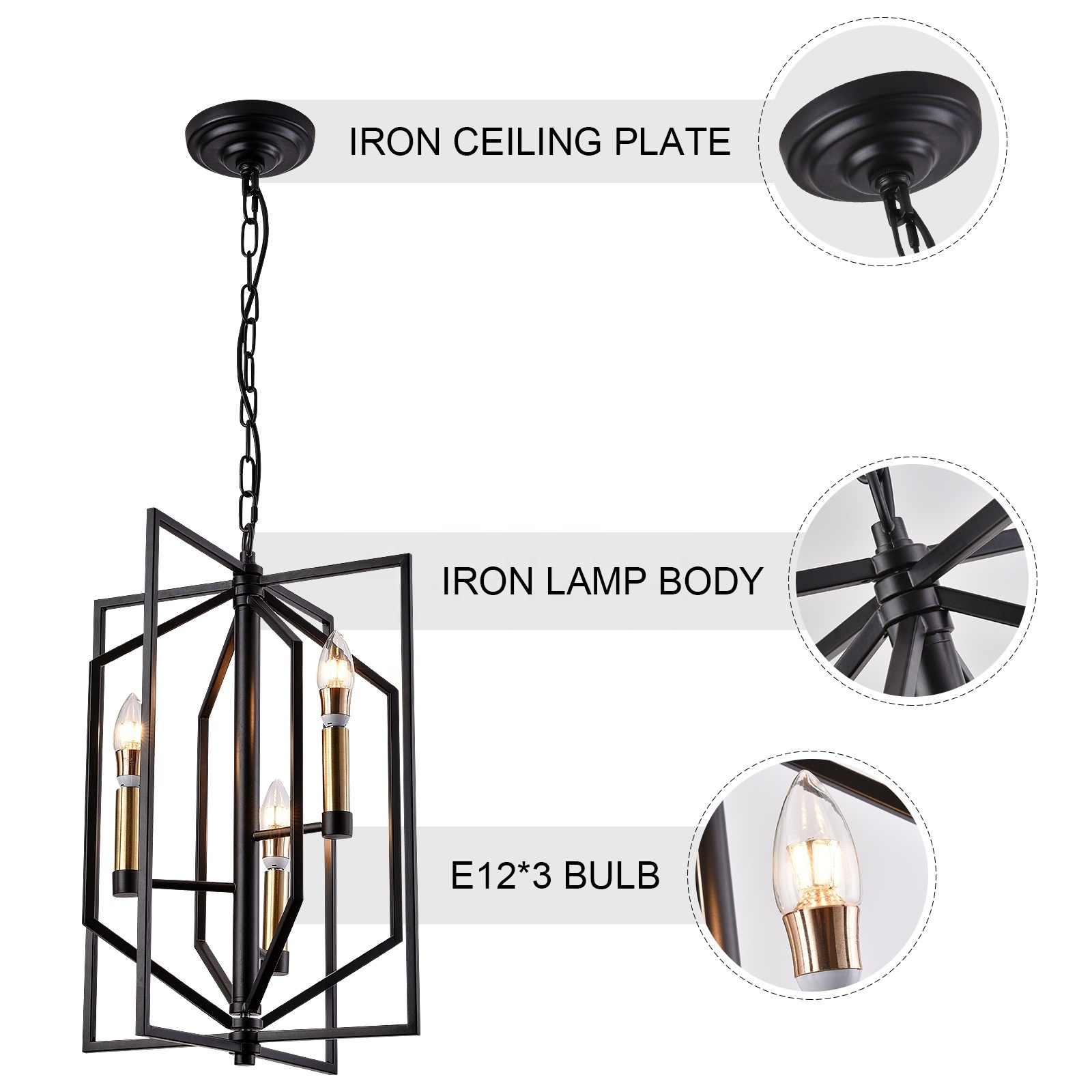 Black E12 3 Heads Rustic Bedroom Dining Room Pendant Light For Kitchen