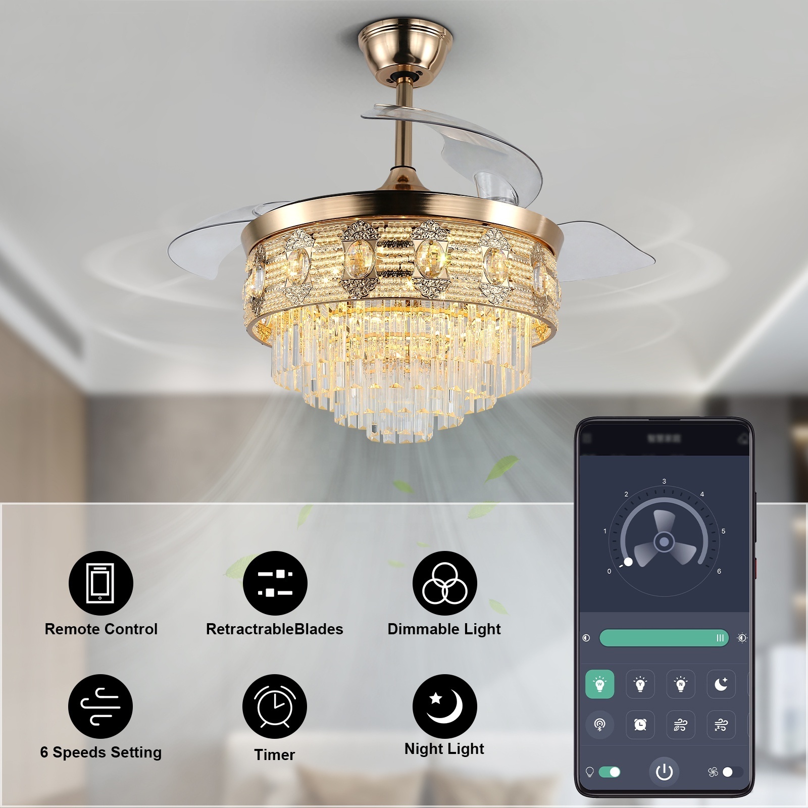 Decorative Intelligent Remote Control Smart Fandelier Ceiling Fan With Light