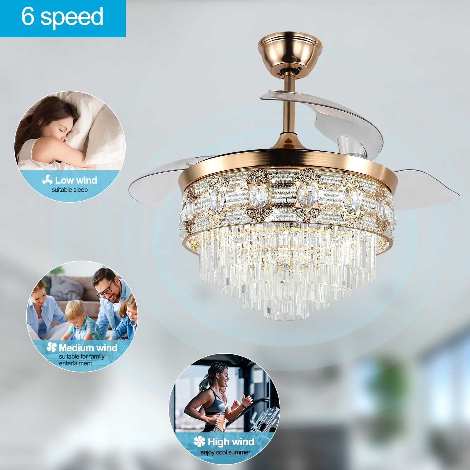 Decorative Intelligent Remote Control Smart Fandelier Ceiling Fan With Light