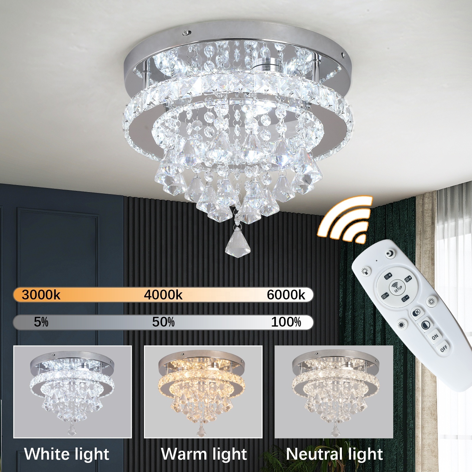 Dangle Crystal Remote Control Smart Flush Mount Led Ceiling Home Lighting For Bedroom