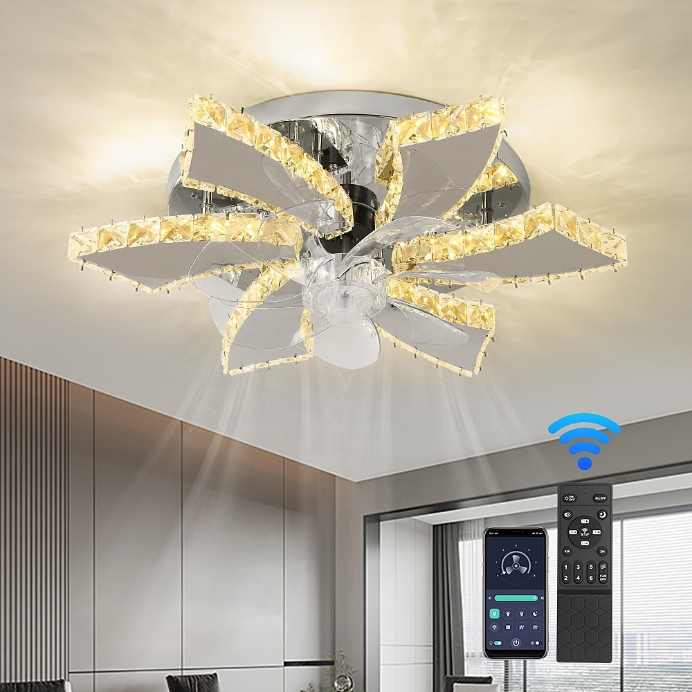 60W ABS 7 Blades Remote Control Led Ceiling Fans With Crystal Ceiling Light