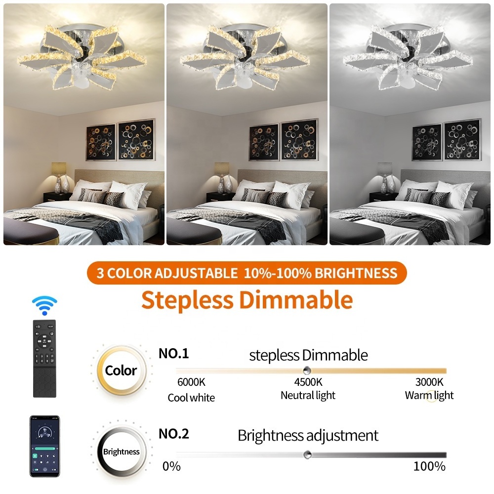 60W ABS 7 Blades Remote Control Led Ceiling Fans With Crystal Ceiling Light