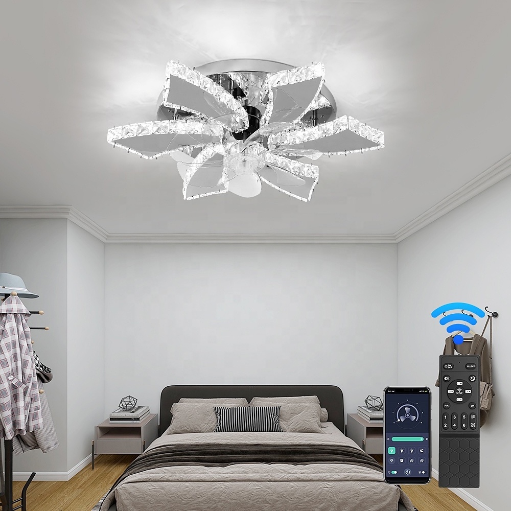 60W ABS 7 Blades Remote Control Led Ceiling Fans With Crystal Ceiling Light