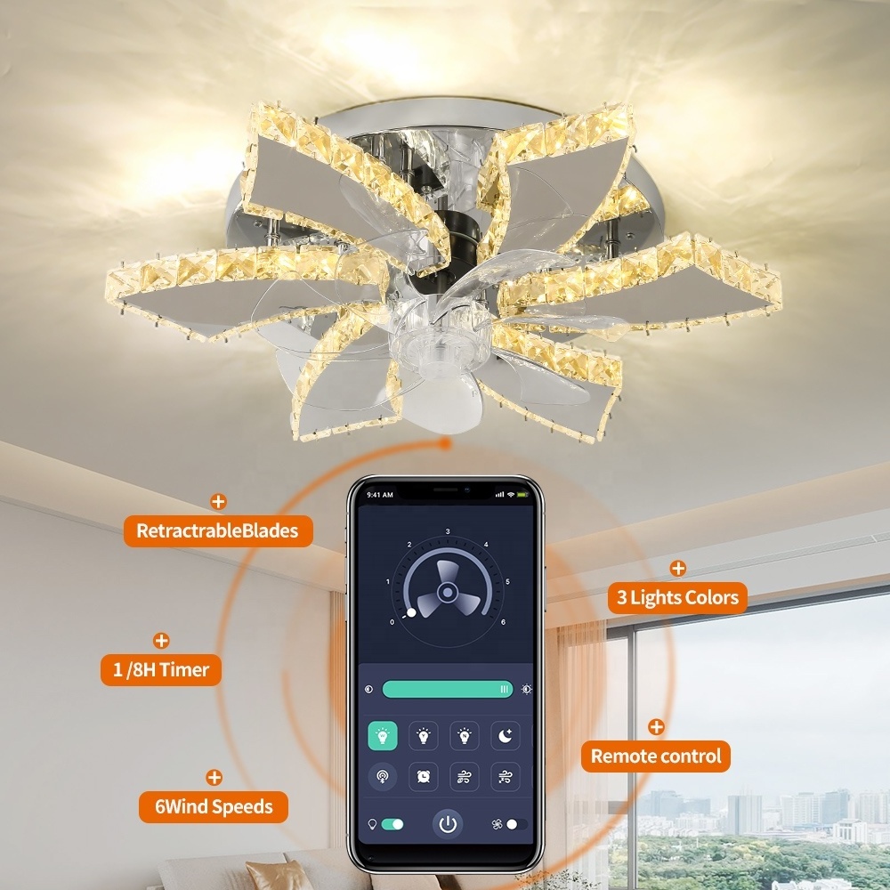 60W ABS 7 Blades Remote Control Led Ceiling Fans With Crystal Ceiling Light