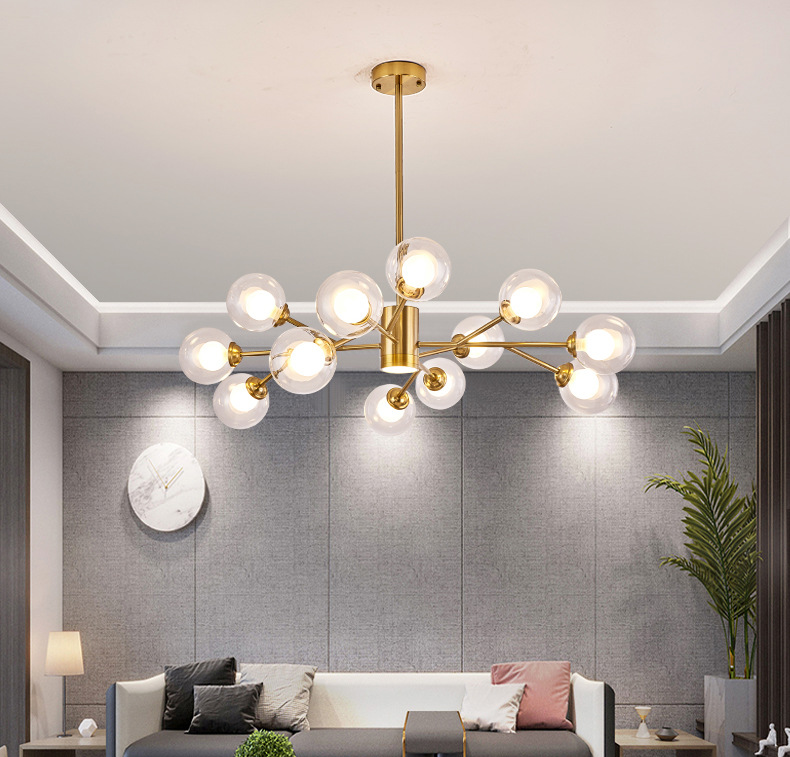 Modern Nordic Suspended  Bulb Heads Golden Lamp Glass Chandelier Pendant Light For Home