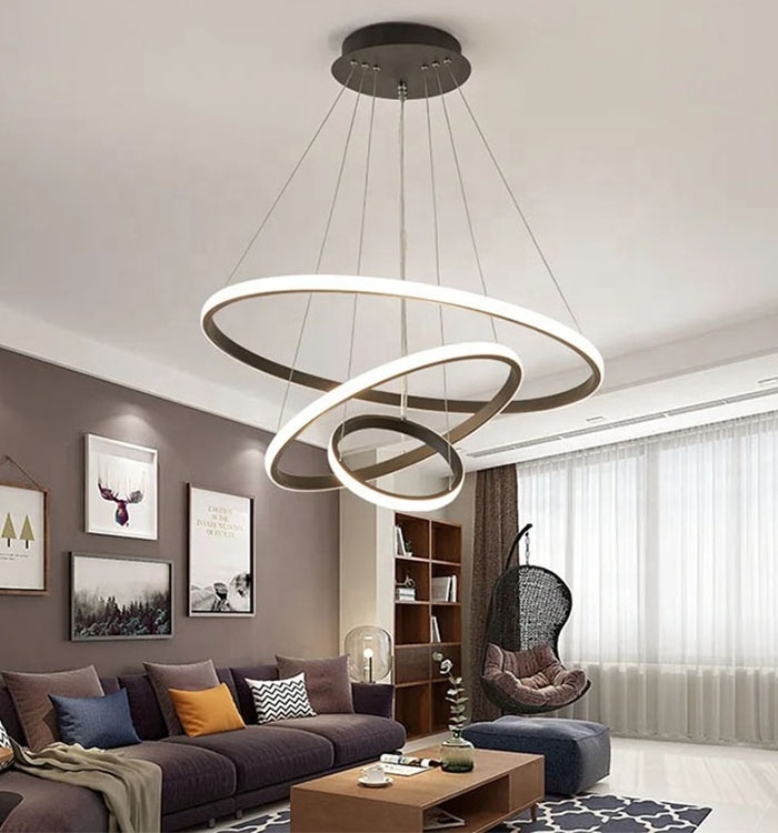 Modern  44W 3 Rings Aluminum Acrylic Led Black Ceiling Pendant Light For Home