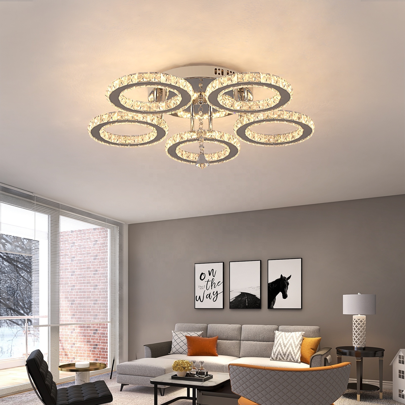 Factory Surface Mounted 5 Round Led Crystal Dimmable Smart Ceiling Lights For Living Room