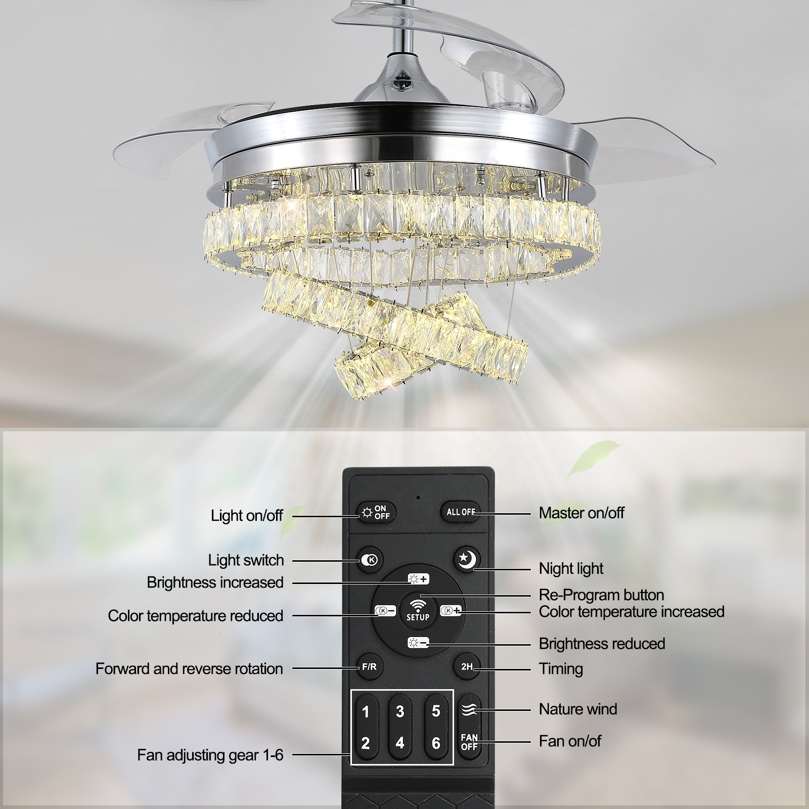 Reversible BLDC Intelligent Remote Control Modern Ceiling Fan With Led Light