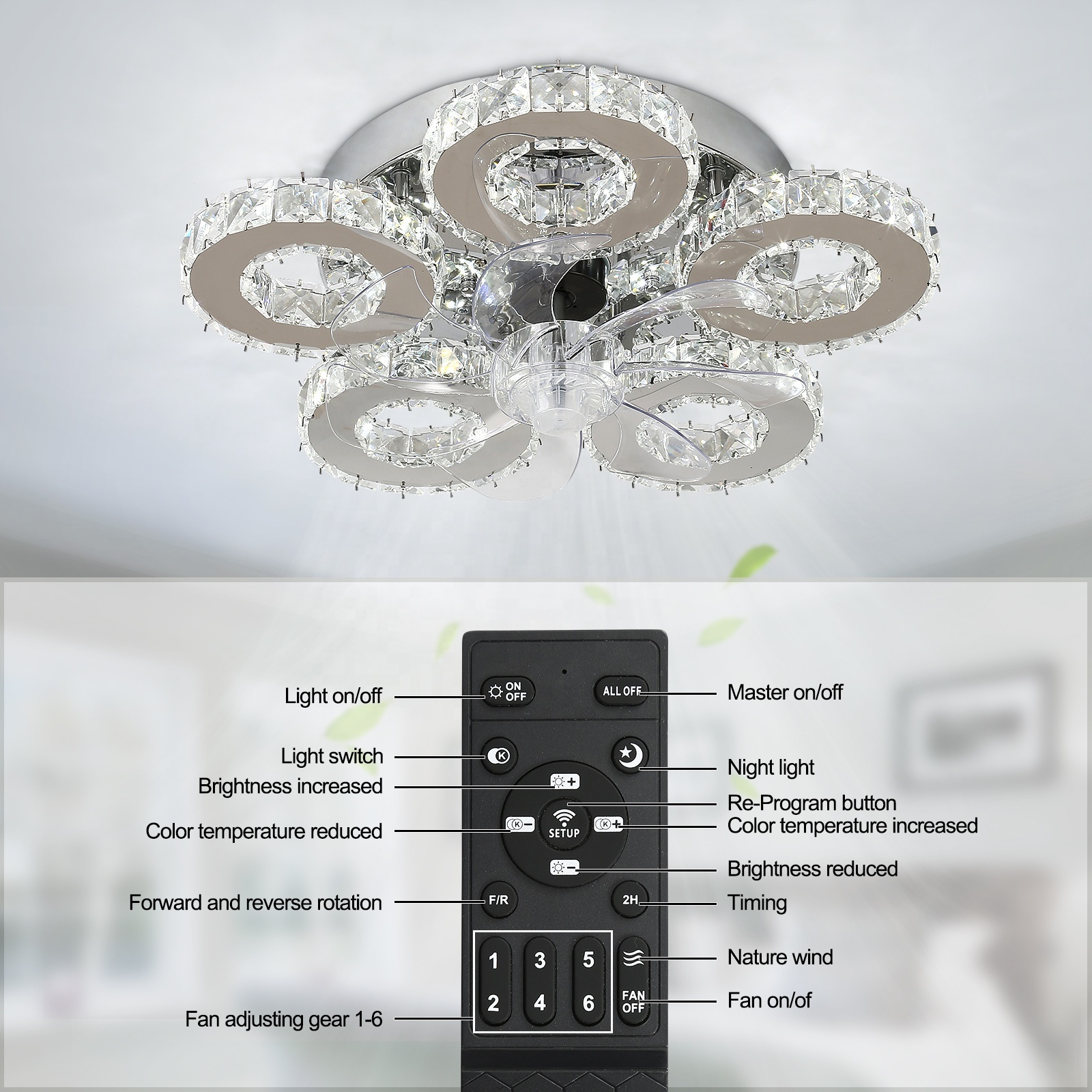 Project Loft Dimming Lamp Crystal DC Ceiling Fan With Led Lights Chandelier For Bedroom