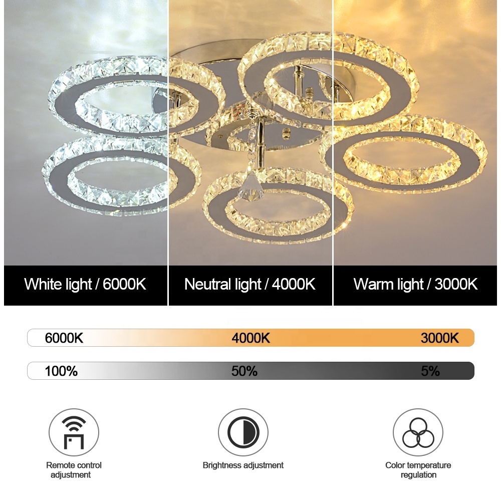 Factory Surface Mounted 5 Round Led Crystal Dimmable Smart Ceiling Lights For Living Room