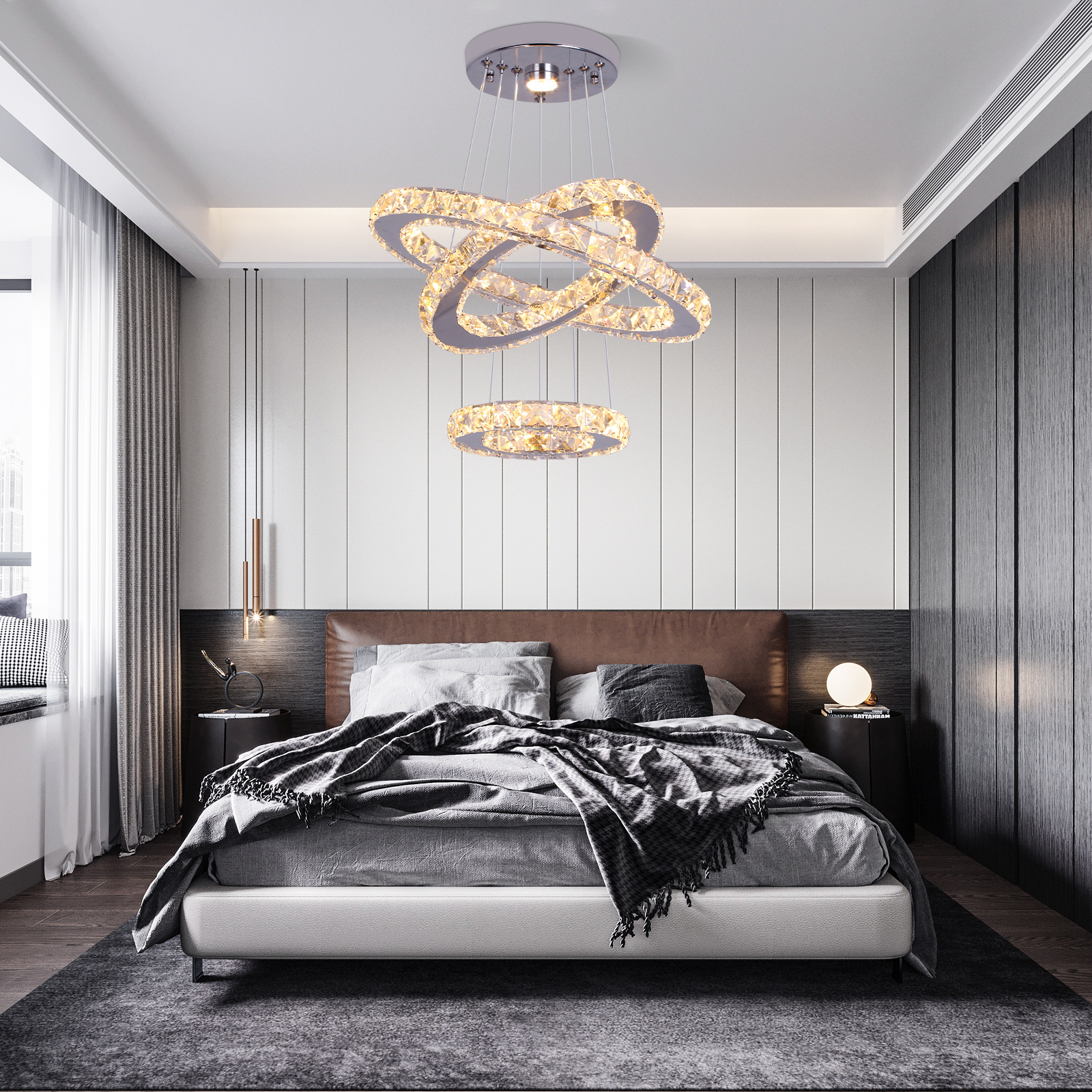 Modern Home 47W Crystal Lighting Round Hanging Lamps Remote 3 Ring Chandeliers And Pendant Lights