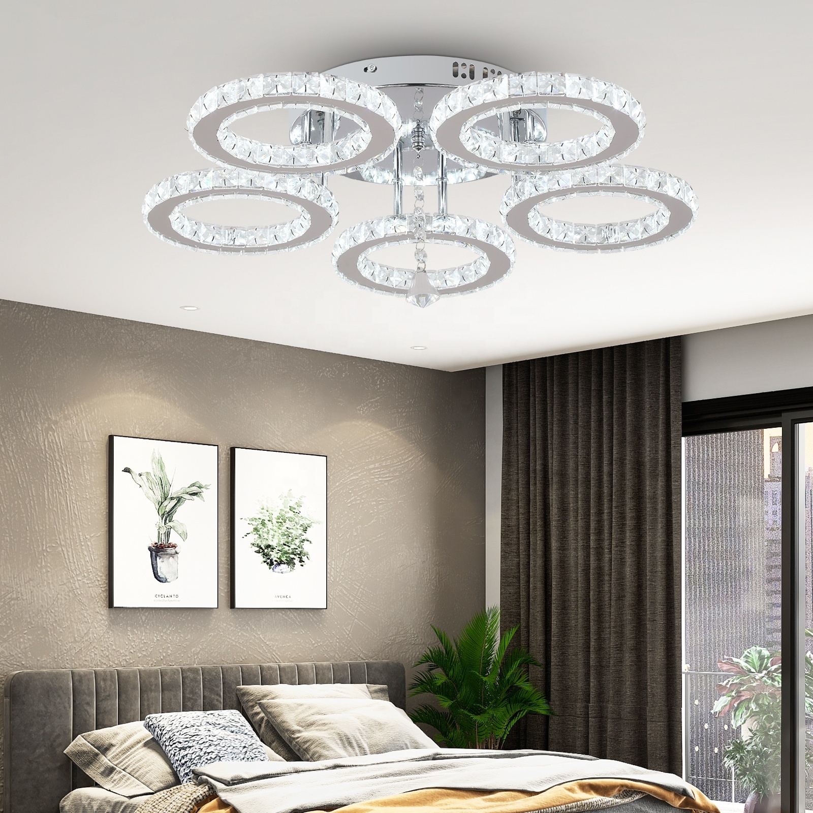 Factory Surface Mounted 5 Round Led Crystal Dimmable Smart Ceiling Lights For Living Room