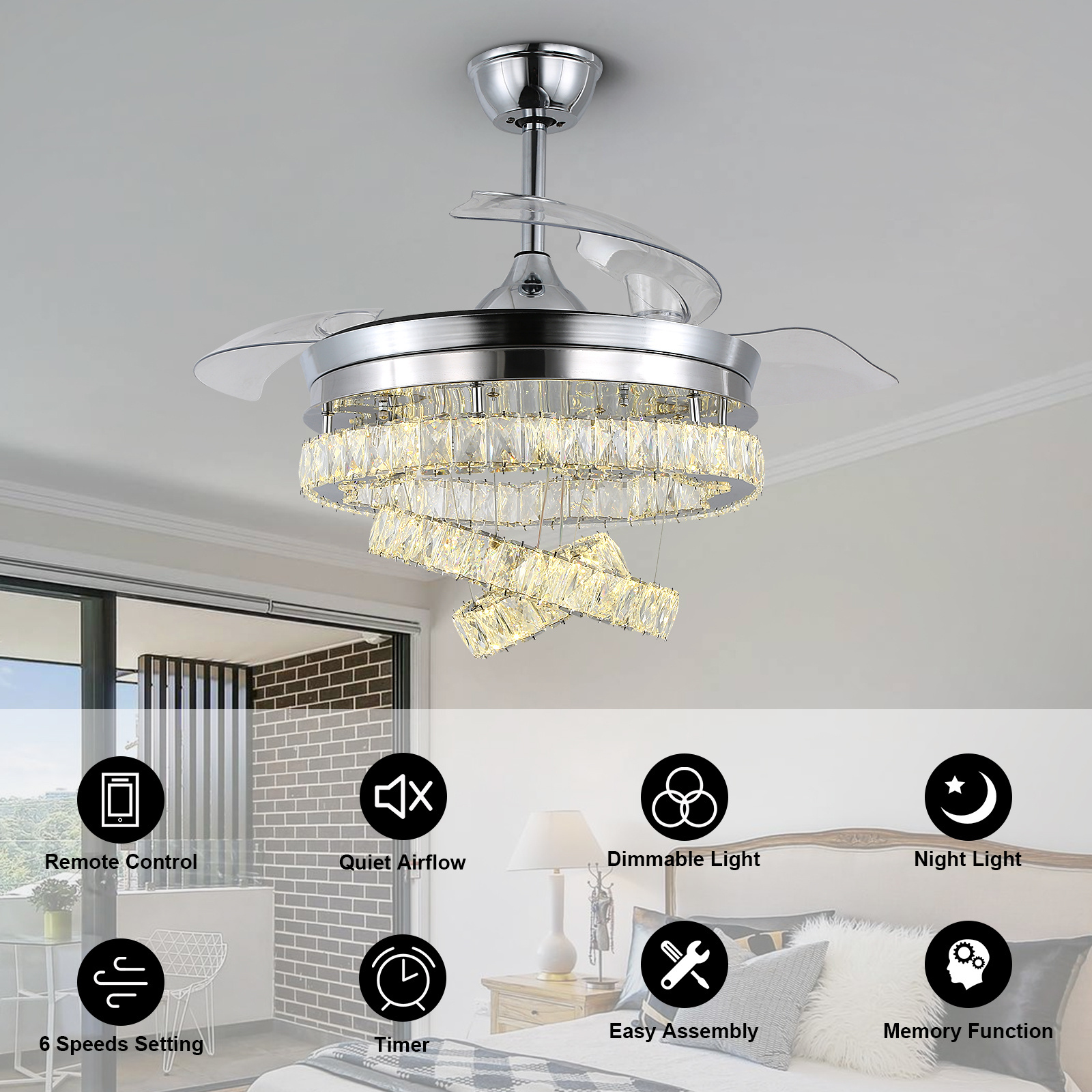 Reversible BLDC Intelligent Remote Control Modern Ceiling Fan With Led Light