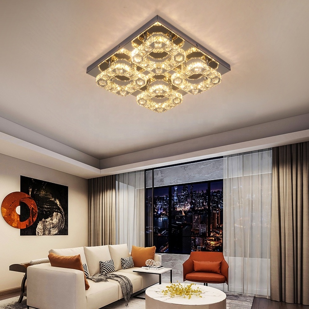 28W Remote Control 3 Colors Chrome Crystal LED Living Room Ceiling Light Fixture For Home Apartment Loft