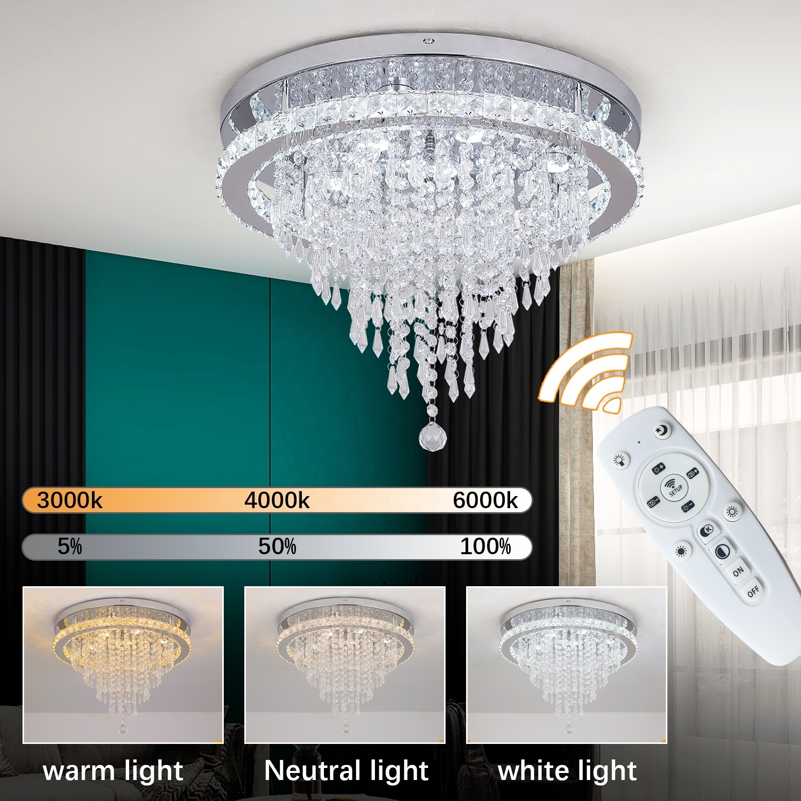 Custom Modern Luxury 46w Dimmable Ceiling Crystal Chandelier Light Indoor Led Ceiling Lamp