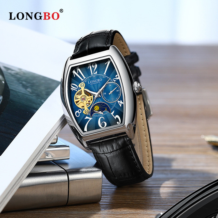 LONGBO Automatic hollow mechanical watch Waterproof mechanical men's leather strap  square watch