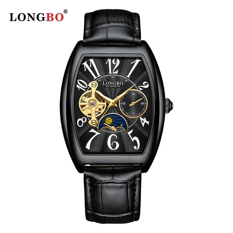 LONGBO Automatic hollow mechanical watch Waterproof mechanical men's leather strap  square watch