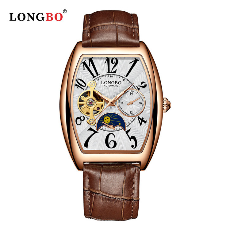 LONGBO Automatic hollow mechanical watch Waterproof mechanical men's leather strap  square watch