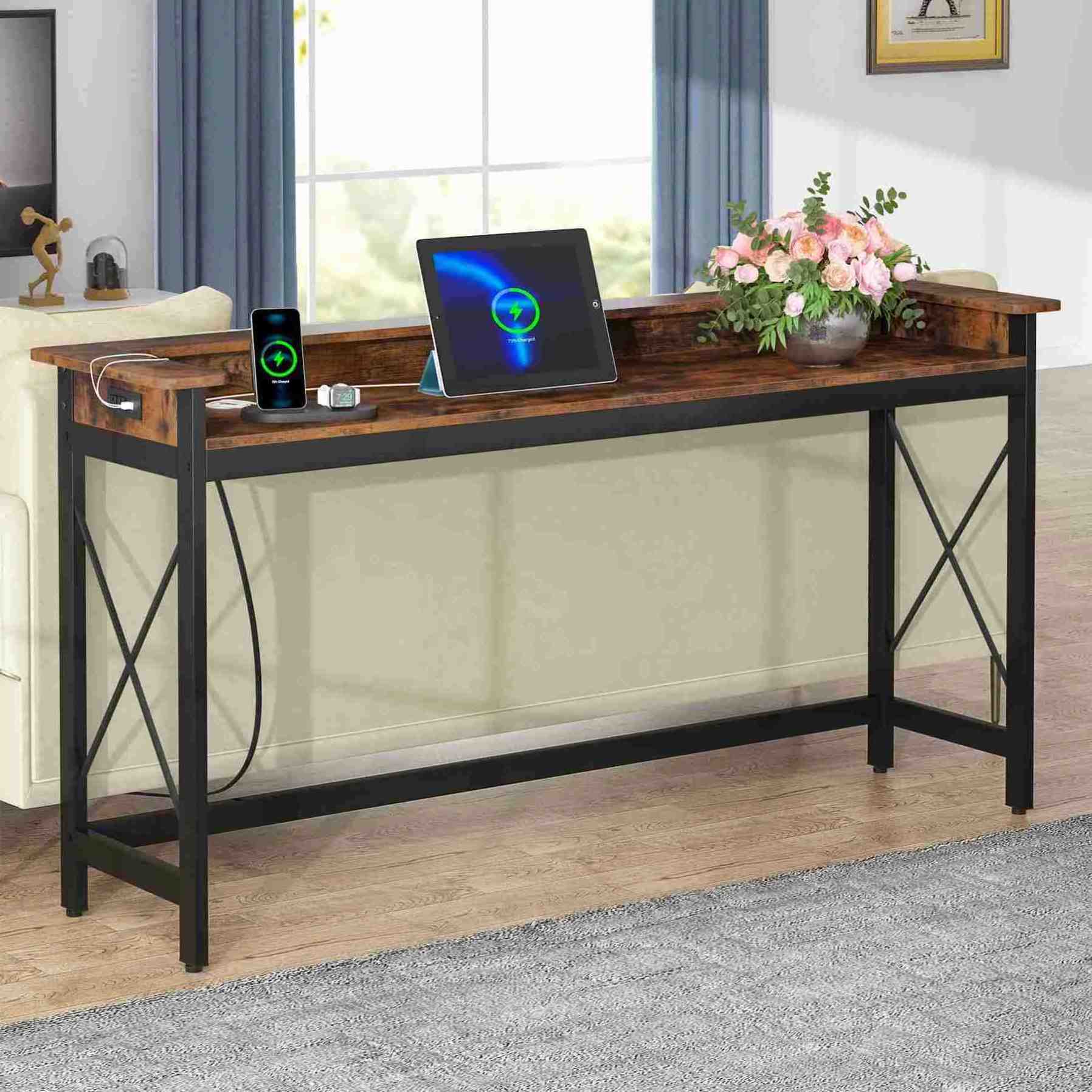 Modern Wood Skinny Meuble D'entree Couloir Sofa Coffee Bar Long Console Side Table With Charging Station