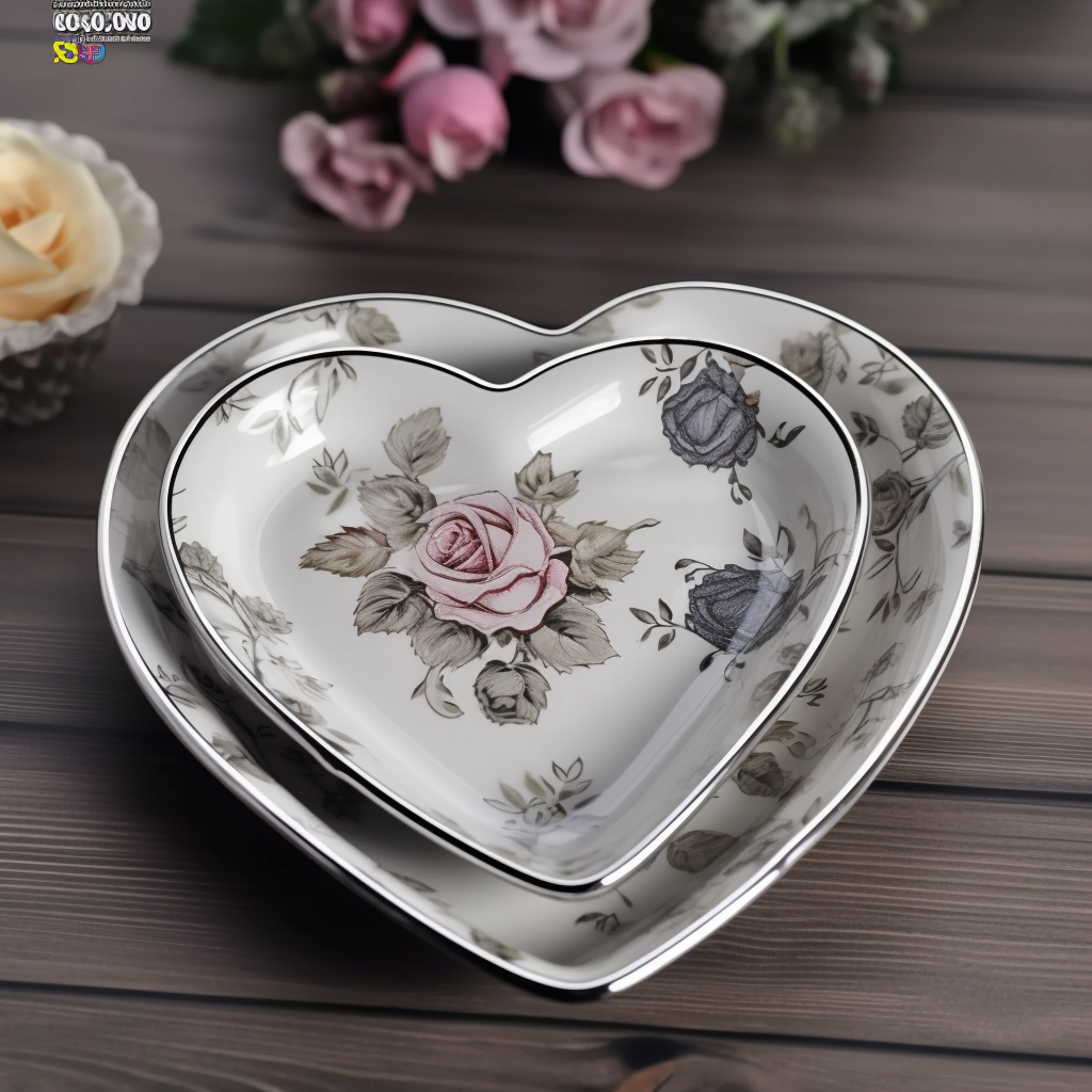 Popular Special sweet-heart Shaped Floral Pattern Porcelain Ceramic Restaurant Dessert Plate With silver rim