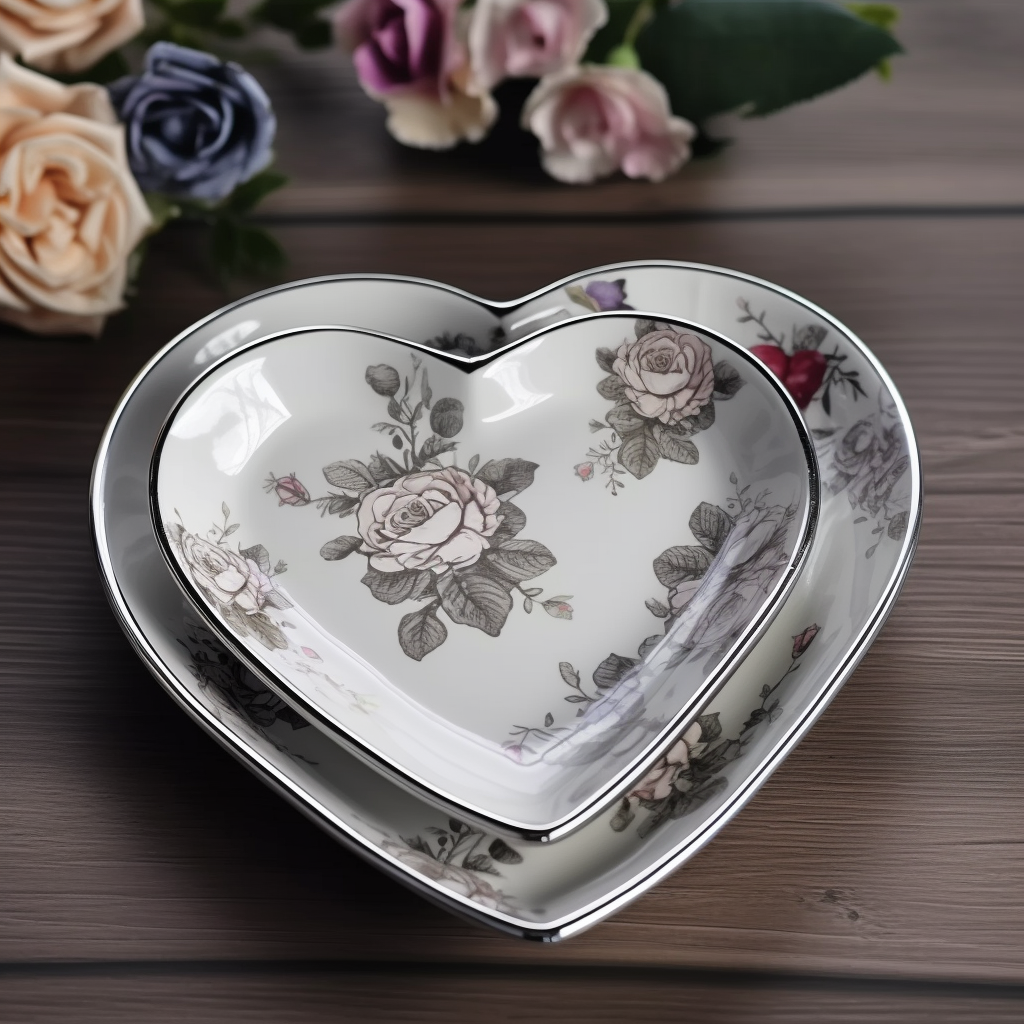 Popular Special sweet-heart Shaped Floral Pattern Porcelain Ceramic Restaurant Dessert Plate With silver rim