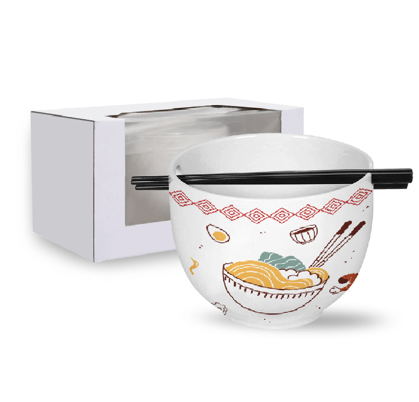 Custom High-quality White Porcelain Ceramic Noodles Ramen Bowl With Chopsticks With Color Gift Box