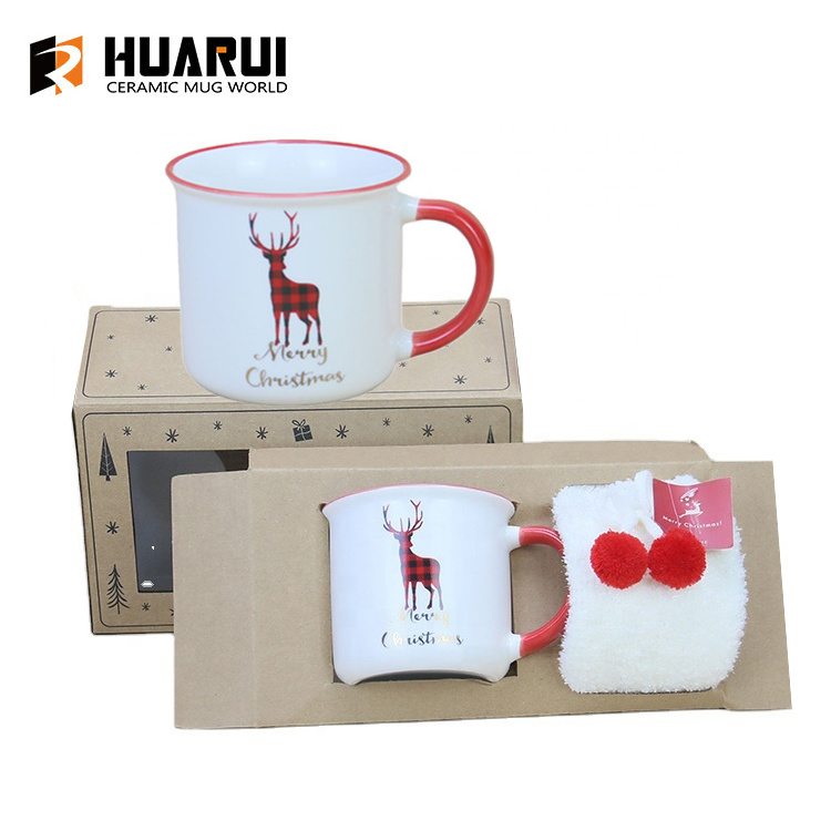 Custom European style bulk deer design medium capacity Christmas Gift Ceramic Enamel Mug