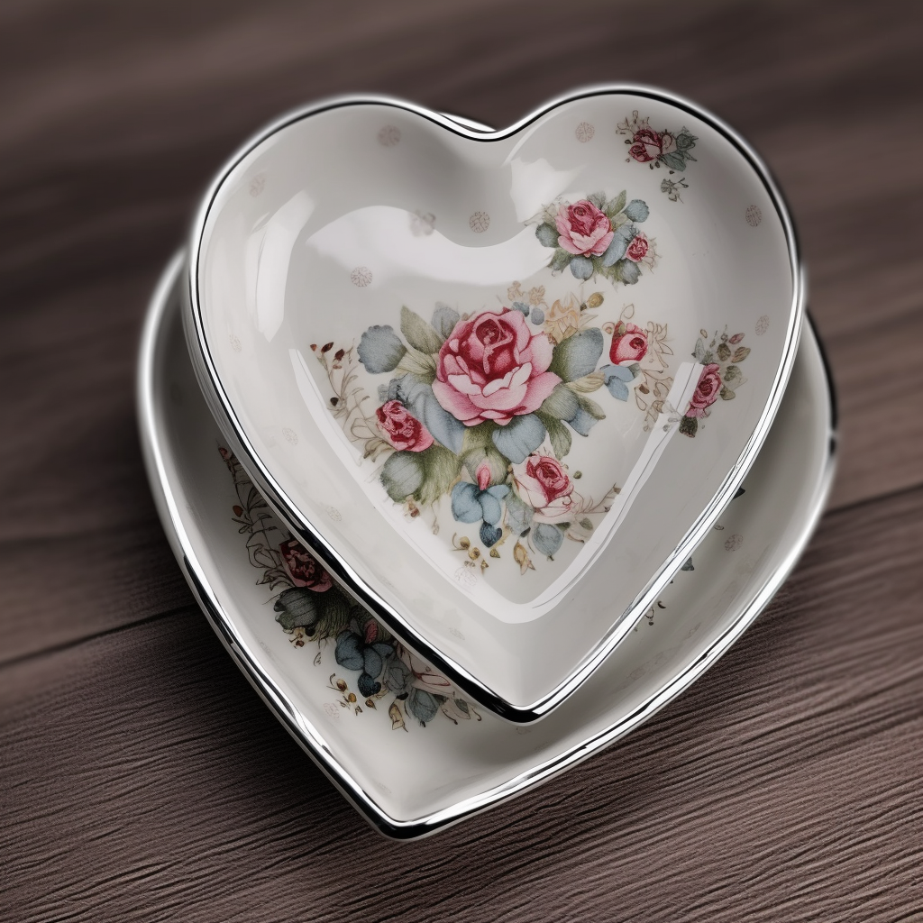 Popular Special sweet-heart Shaped Floral Pattern Porcelain Ceramic Restaurant Dessert Plate With silver rim