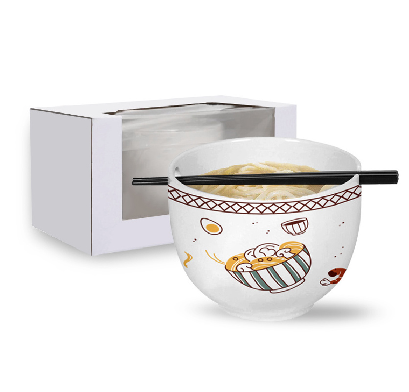 Custom High-quality White Porcelain Ceramic Noodles Ramen Bowl With Chopsticks With Color Gift Box