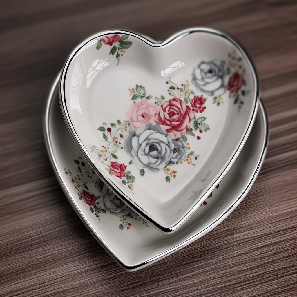 Popular Special sweet-heart Shaped Floral Pattern Porcelain Ceramic Restaurant Dessert Plate With silver rim