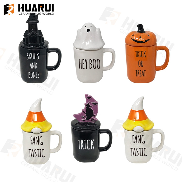 Custom Ceramic Hand-painted Halloween Coffee Mug Creative 3D Embossed Cat Pumpkin Ghost SWitch Monster Mugs for Halloween