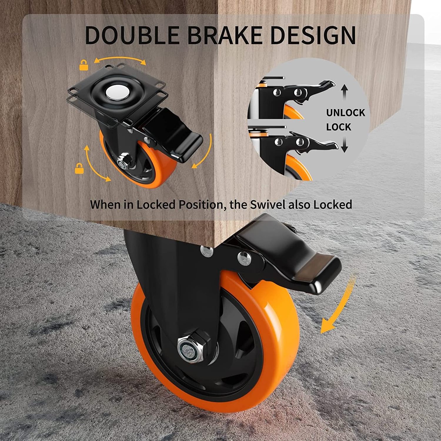 4 Inch Caster Wheels with Brake 2200 Lbs, Locking Industrial Swivel Top Plate Casters Wheel for Furniture and Workbench Cart