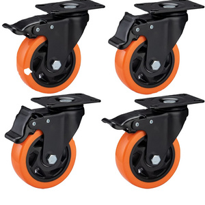 Famous Factory 4 In Heavy Duty Orange PU Top Deck Swivel Wheels Industrial Casters with Brakes Locking Casters for Furniture