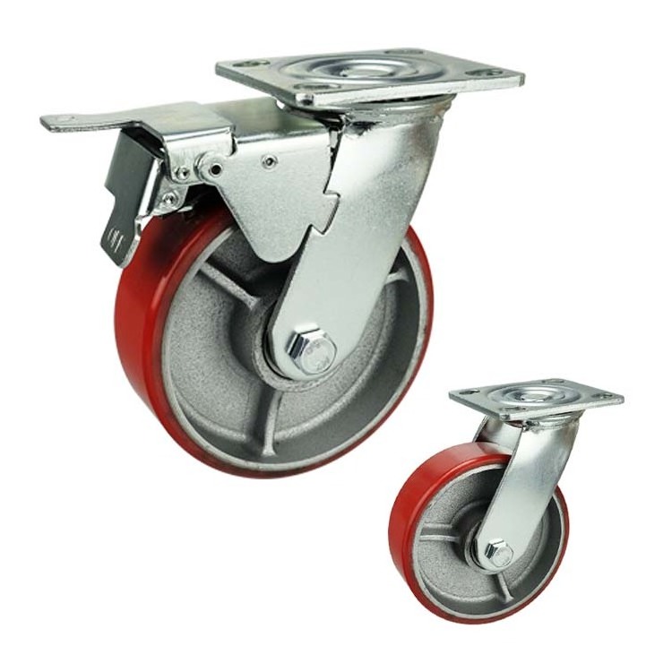 4 5 6 8 inch Iron Core Polyurethane Wheels Industrial Trolley Caster Wheel PU Casters With Double Locking Brakes