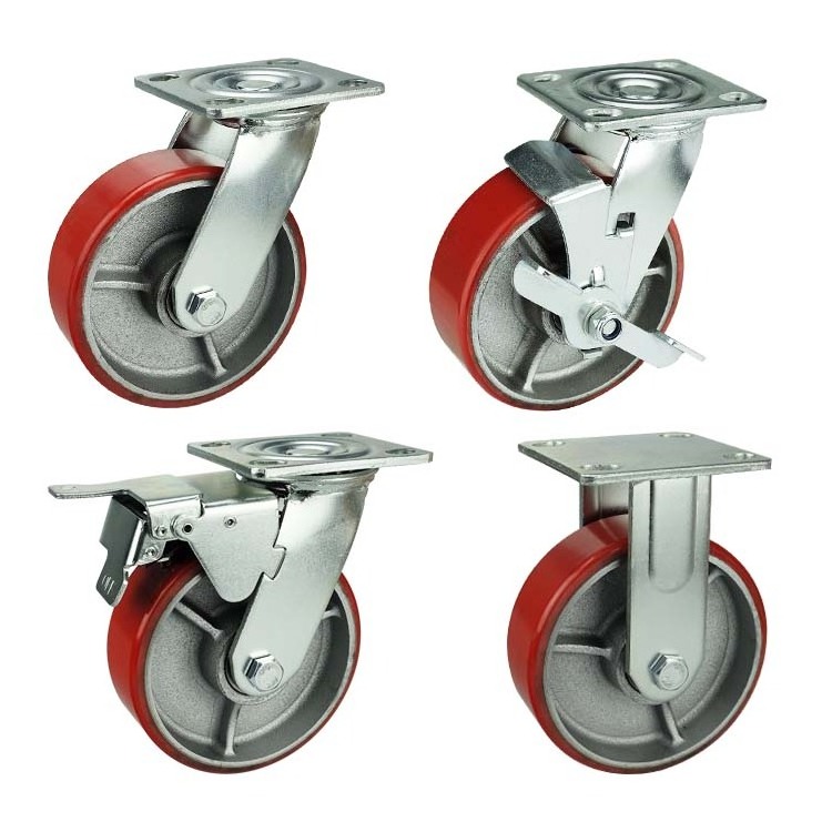 4 5 6 8 inch Iron Core Polyurethane Wheels Industrial Trolley Caster Wheel PU Casters With Double Locking Brakes