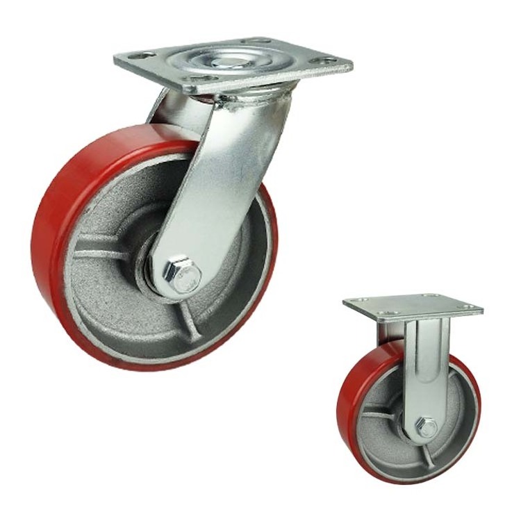 4 5 6 8 inch Iron Core Polyurethane Wheels Industrial Trolley Caster Wheel PU Casters With Double Locking Brakes