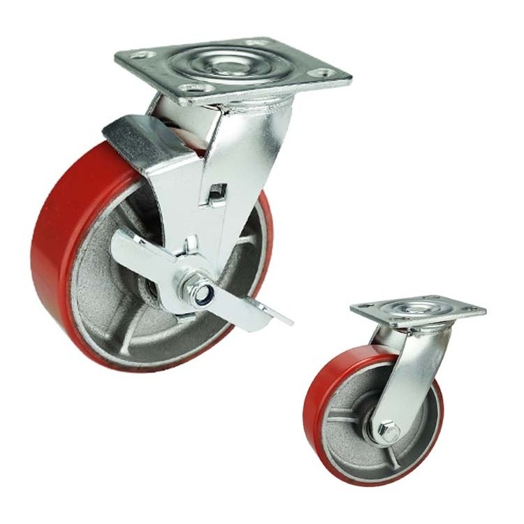 4 5 6 8 inch Iron Core Polyurethane Wheels Industrial Trolley Caster Wheel PU Casters With Double Locking Brakes