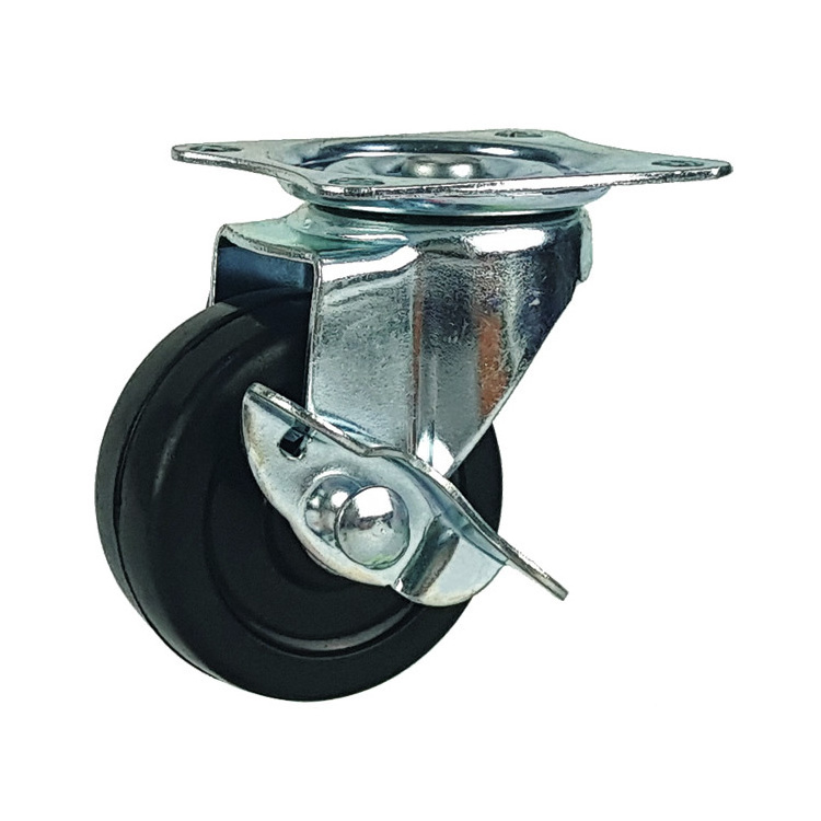 Industrial Light Duty 1 2 3 inch Zinc Plated Black Rubber Swivel Fixed Side Brake Caster Wheel