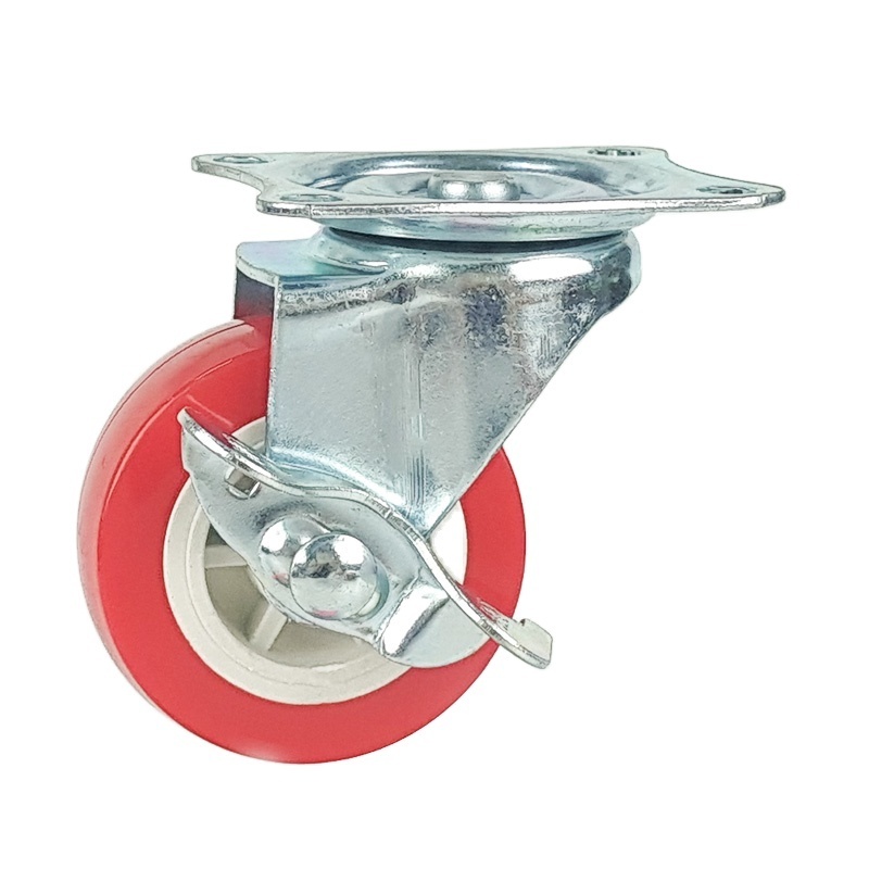 Industrial Light Duty 1 2 3 inch Swivel Fixed Side Brake Zinc Plated Red PVC Wheel Caster Wheel