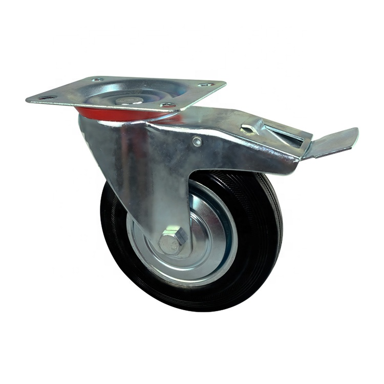 High Quality Black Rubber 3/3.5/4/5/6/8 Inch Swivel Steel Core Industrial Caster Wheel With Brake For Waste Bin